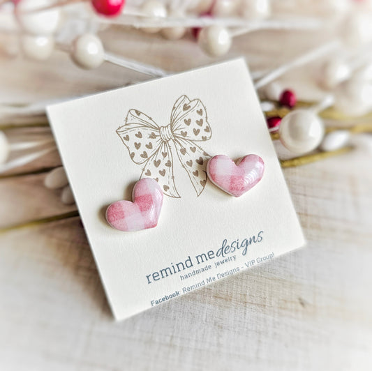 Pink and White Gingham Heart Valentine's Clay Studs