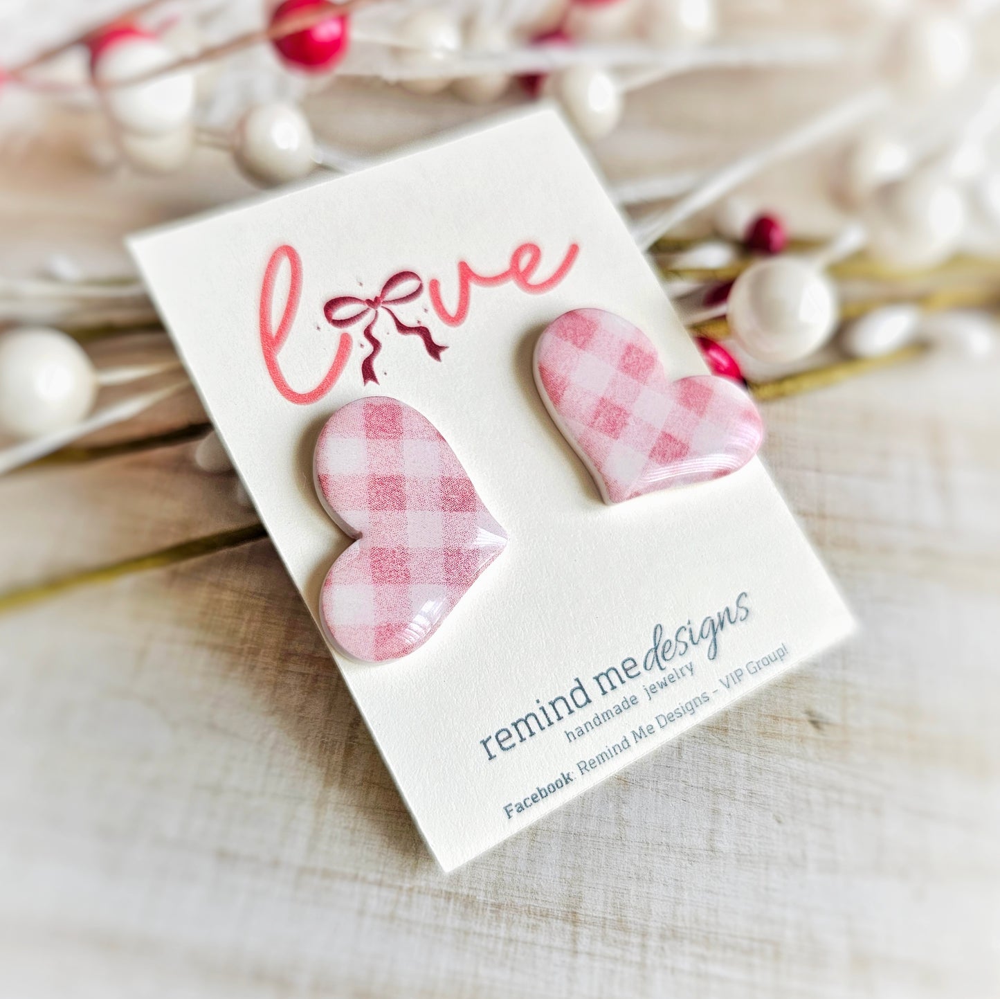 Pink and White Gingham Heart Valentine's Clay Studs
