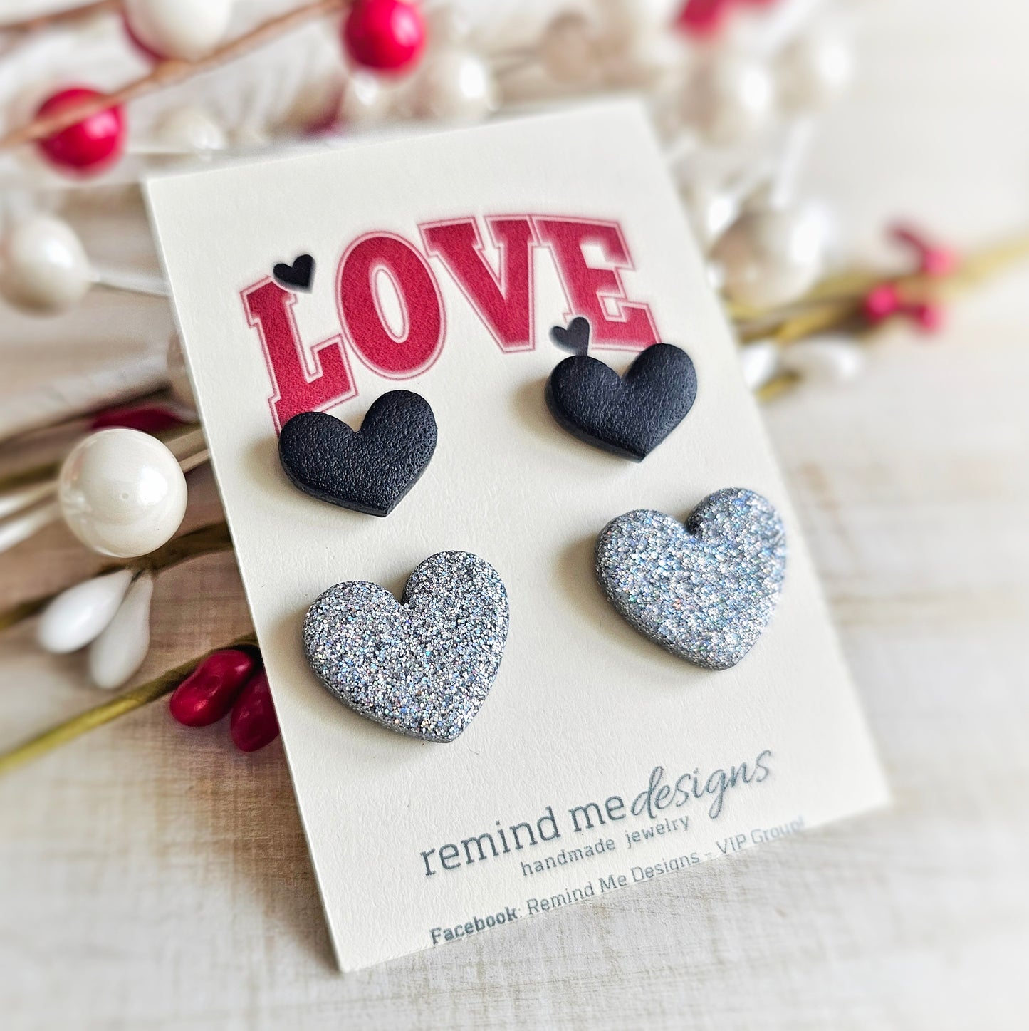 Black and Silver Double Heart Valentine's Clay Stud Set