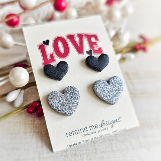 Black and Silver Double Heart Valentine's Clay Stud Set