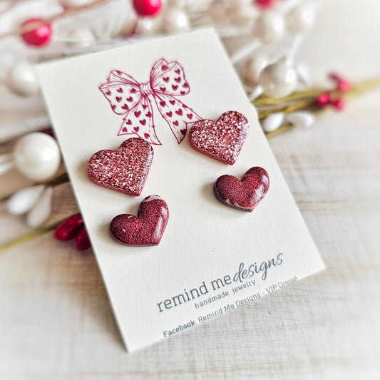 Pink and Burgandy Double Heart Valentine's Clay Stud Set