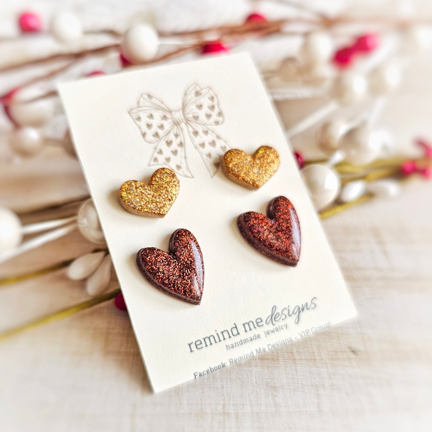 Gold and Brown Glitter Double Heart Valentine's Clay Stud Set