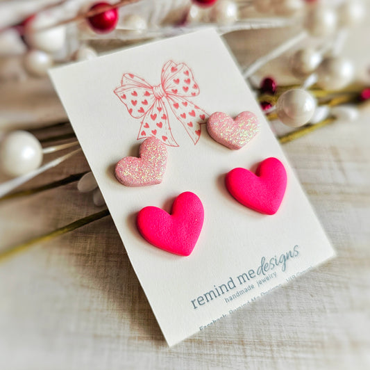 Pink Double Heart Valentine's Clay Stud Set