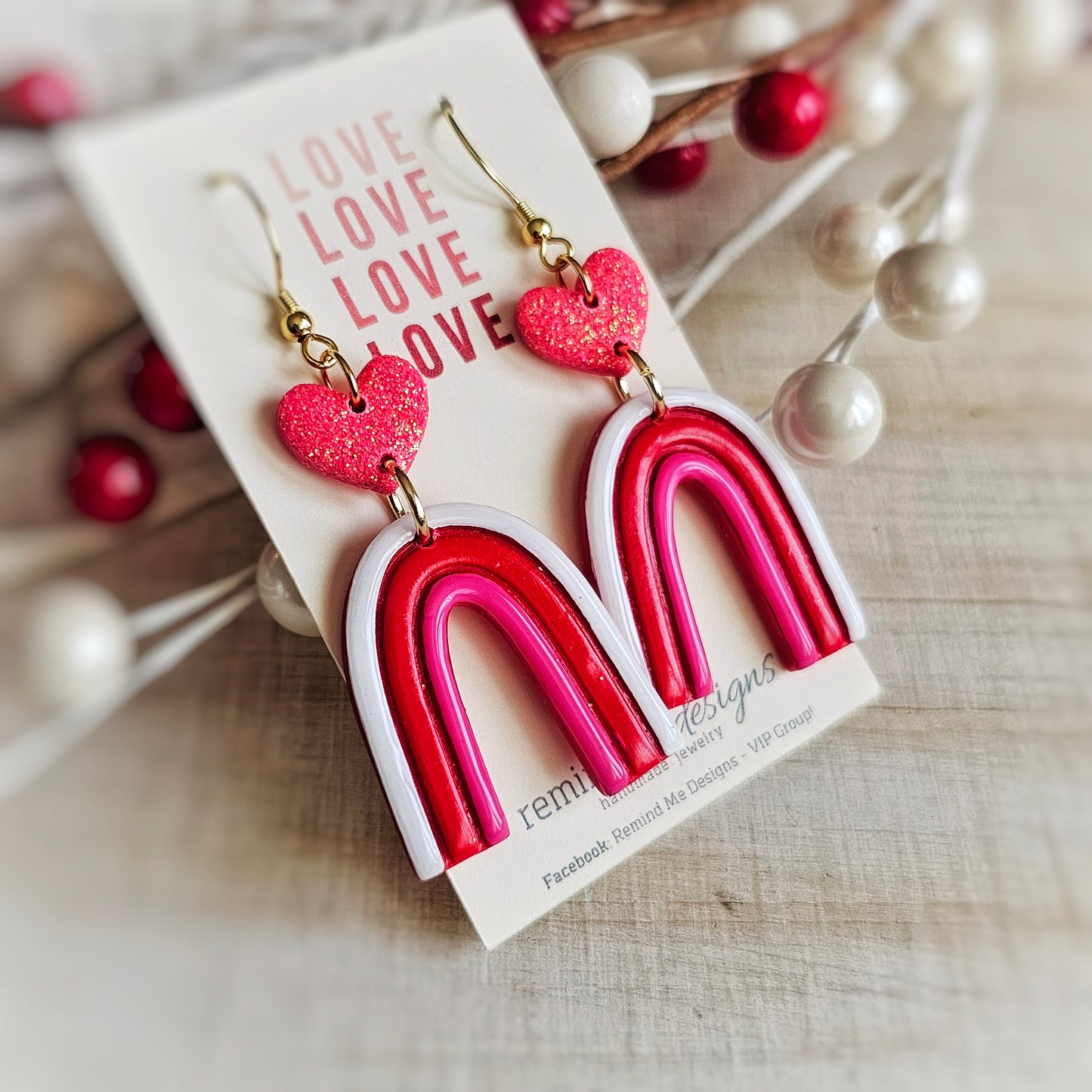 Pink and Red Rainbow Hearts Valentine's Clay Dangle Earrings