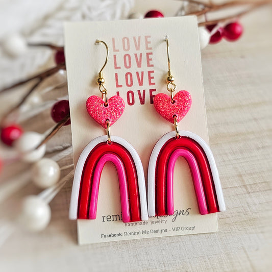 Pink and Red Rainbow Hearts Valentine's Clay Dangle Earrings