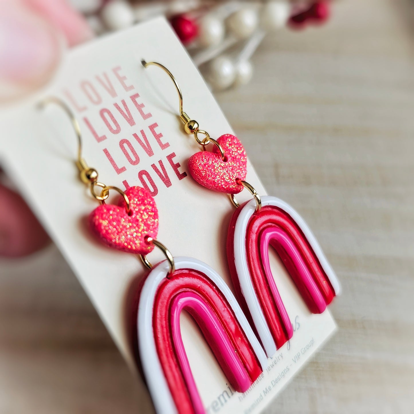 Pink and Red Rainbow Hearts Valentine's Clay Dangle Earrings