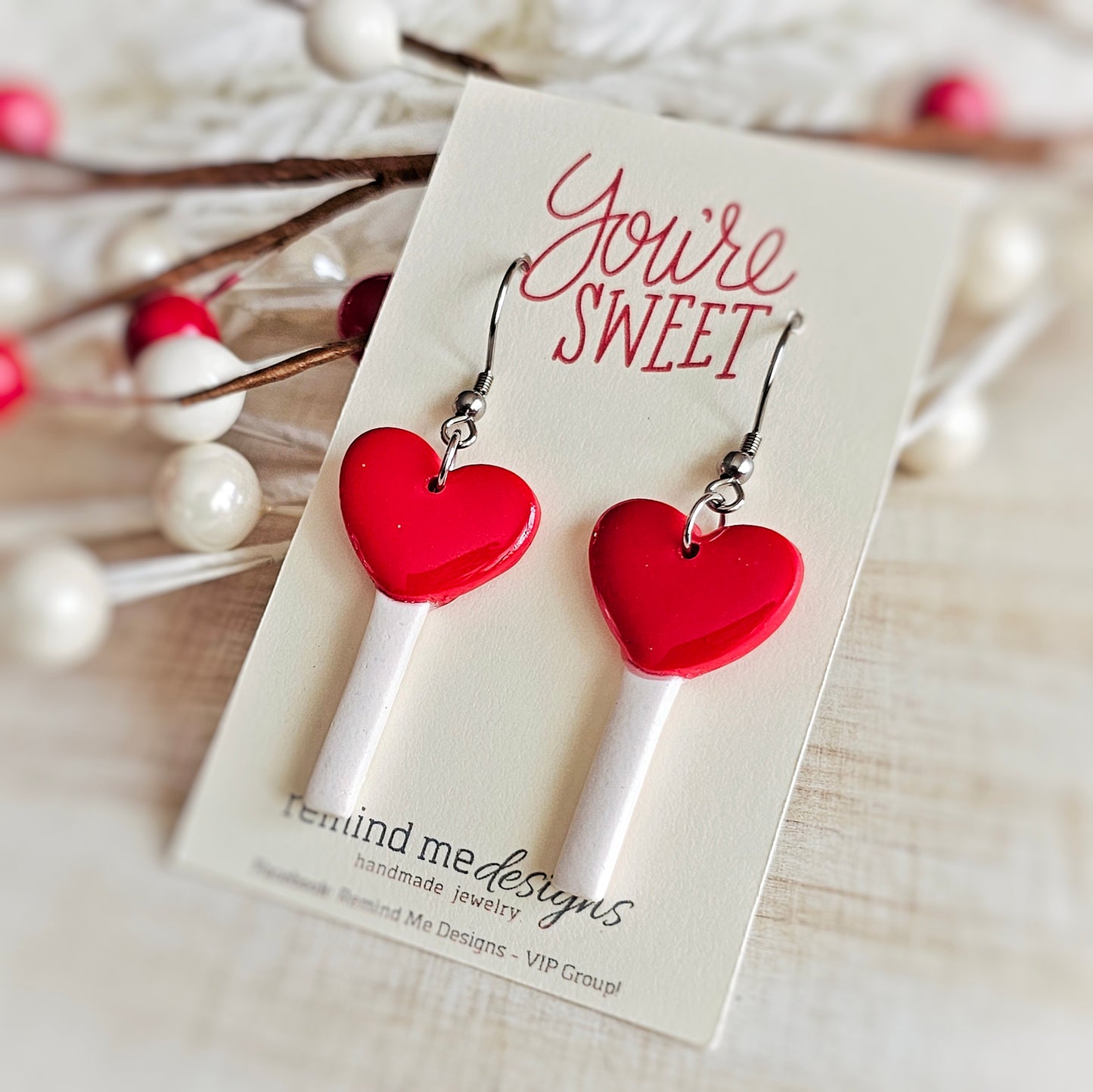 Red Lolli Pop Valentine's Clay Dangle Earrings