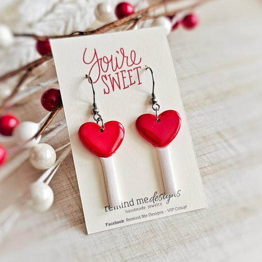 Red Lolli Pop Valentine's Clay Dangle Earrings