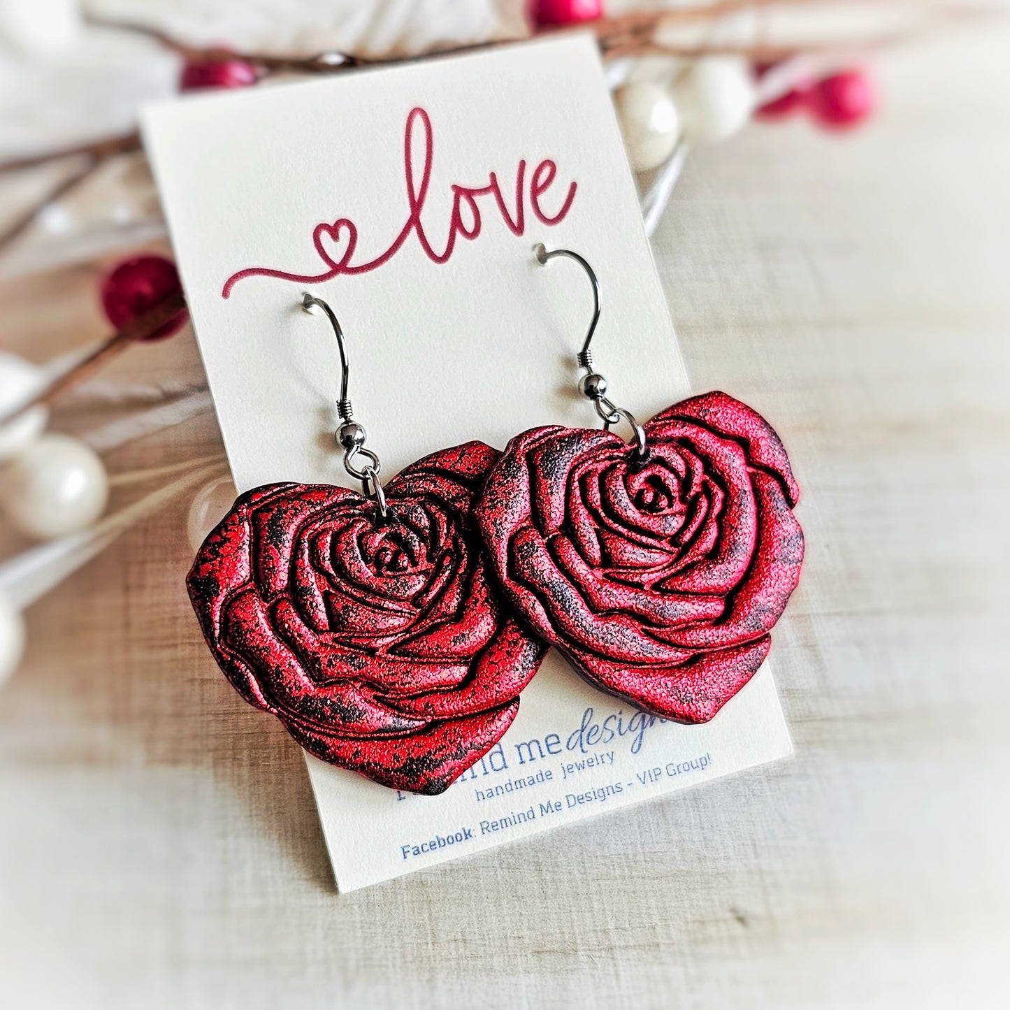 Black and Red Rose Valentine's Clay Dangle Earrings