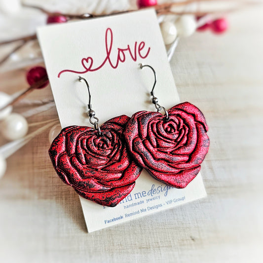 Black and Red Rose Valentine's Clay Dangle Earrings