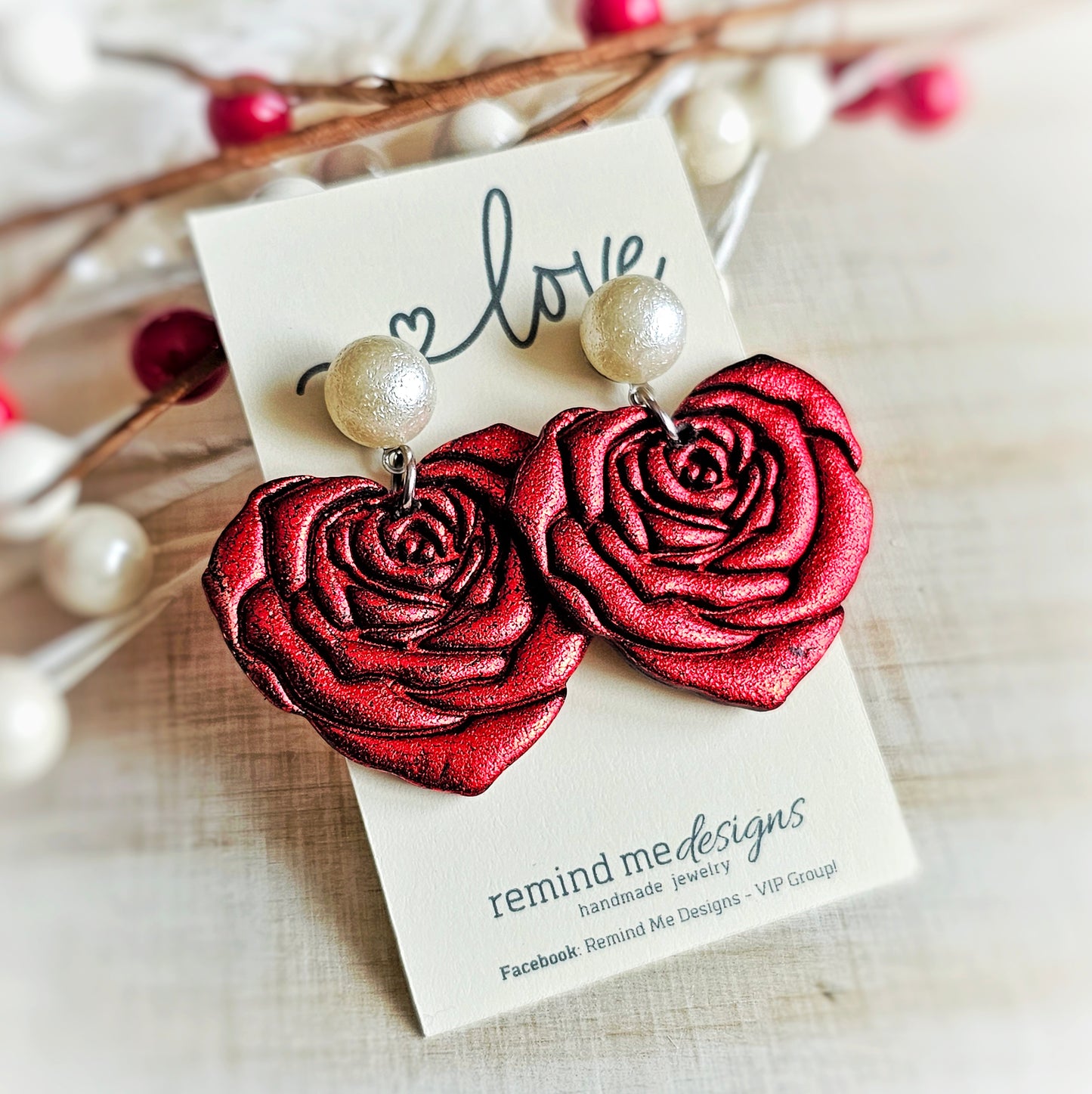 Pearl, Black and Red Rose Valentine's Clay Dangle Earrings