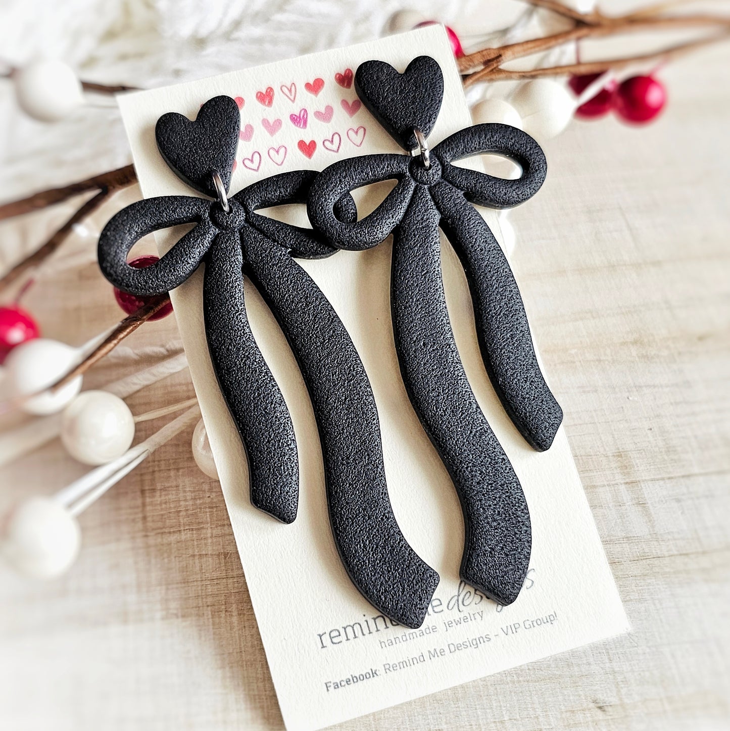 Black Large Bow Valentine's Clay Dangles