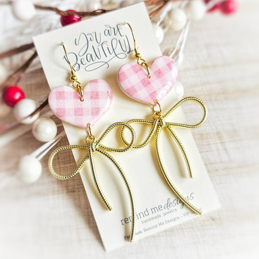 White and Pink Gingham Heart and Bow Valentine's Clay Dangles