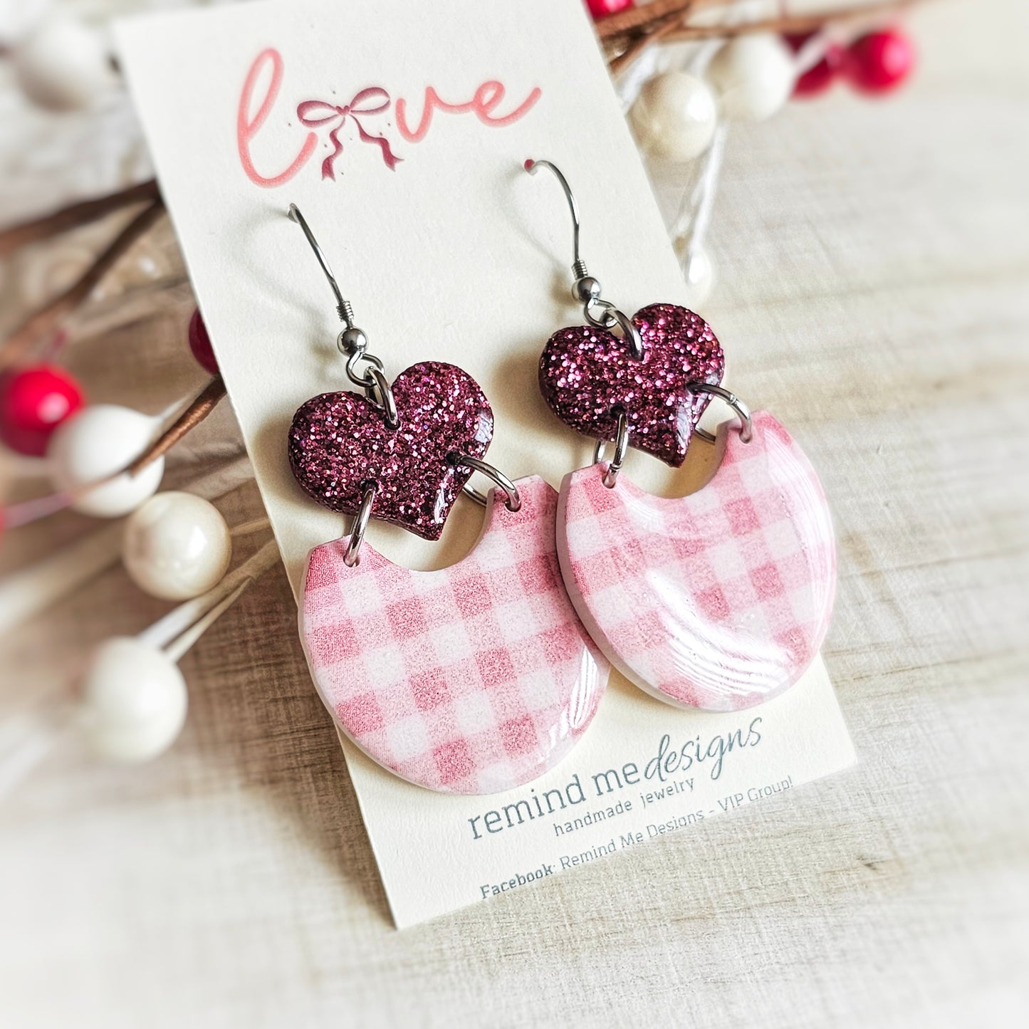 Burgandy Glitter, White and Pink Gingham Heart Valentine's Clay Dangles