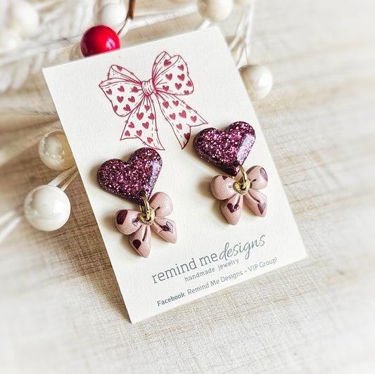 Burgandy Glitter Heart and Almond Rose Bow Valentine's Earrings