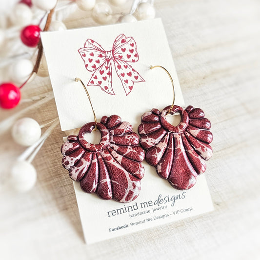 Marbled Burgandy Heart Valentine's Hoops Earrings