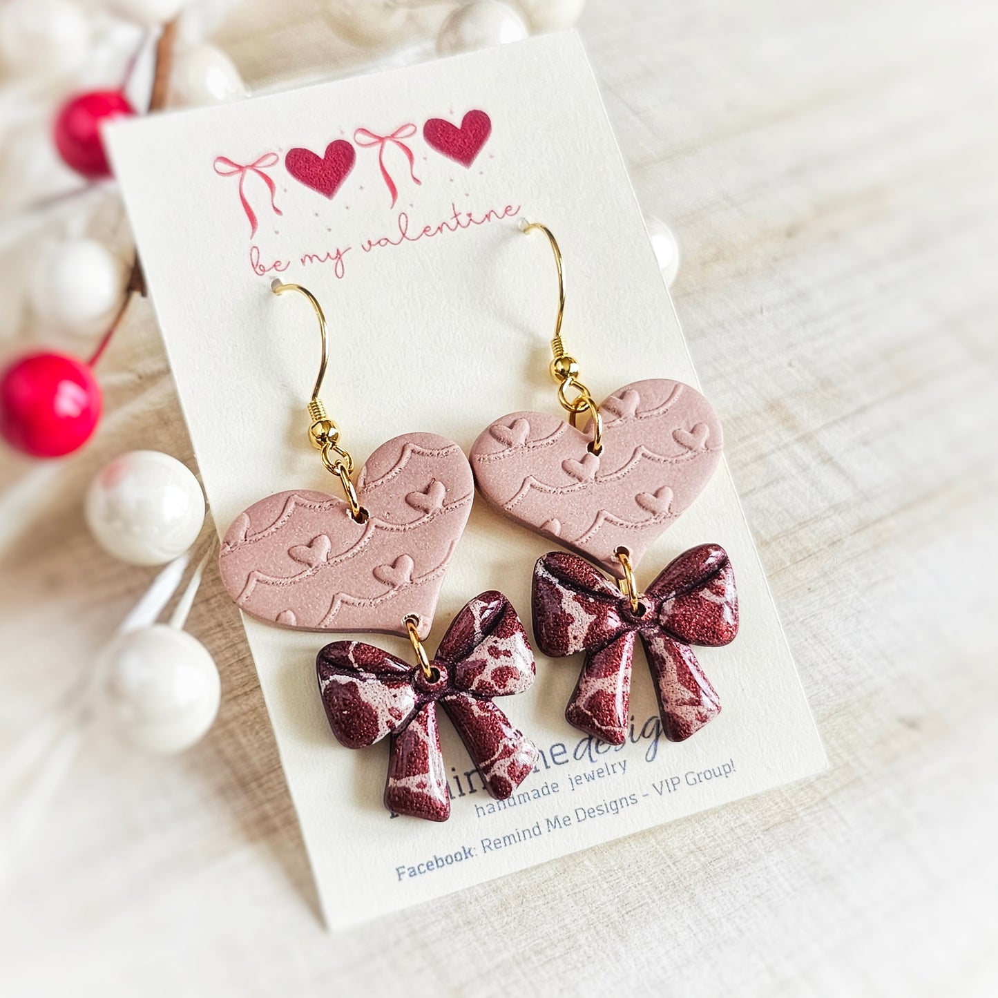 Almond Rose Heart and Burgandy Bow Valentine's Earrings