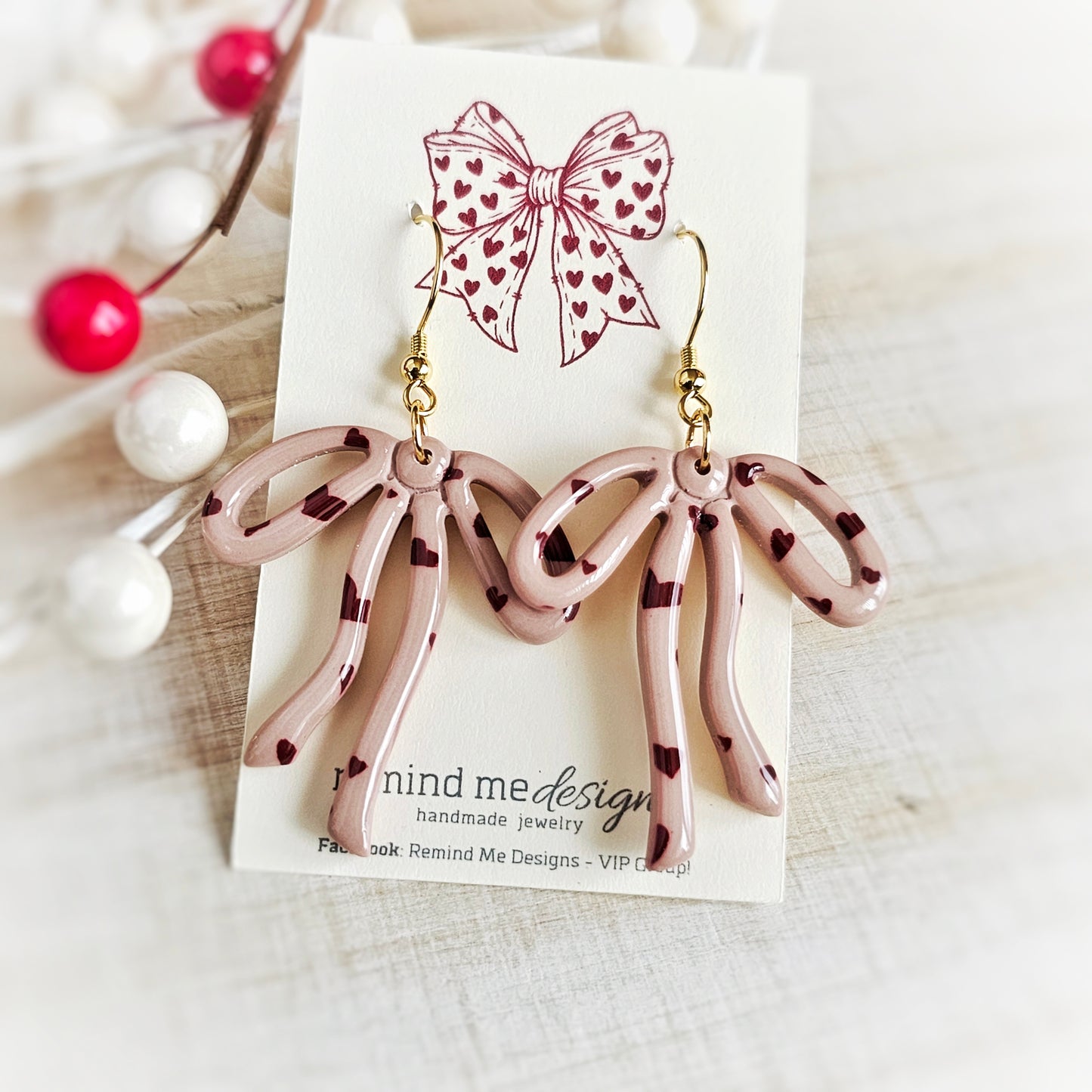 Almond Rose Bow with Burgandy Hearts Valentine's Earrings
