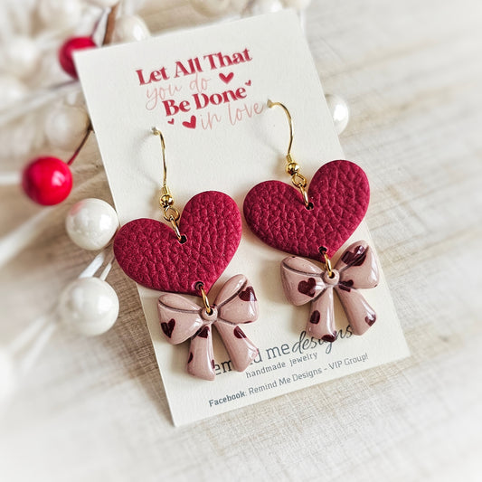 Burgandy Heart and Almond Rose Bow Valentine's Earrings