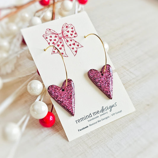 Burgandy Glitter Hearts Valentine's Clay Dangle Hoops