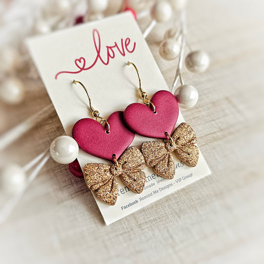 Burgandy and Gold Glitter Valentine's Clay Dangle Earrings