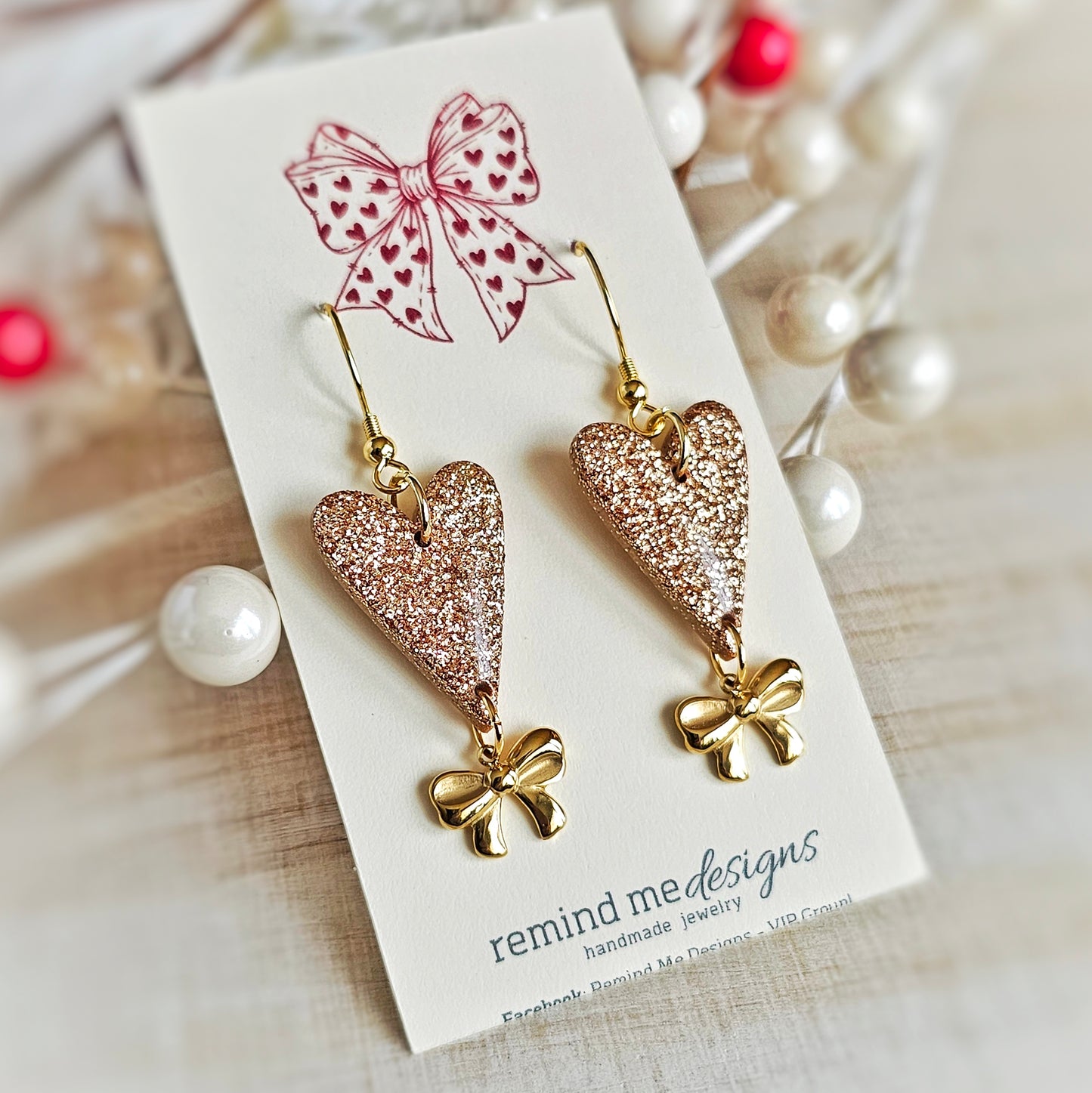 Gold Glitter Hearts and Bows Valentine's Clay Dangle Earrings