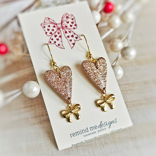 Gold Glitter Hearts and Bows Valentine's Clay Dangle Earrings