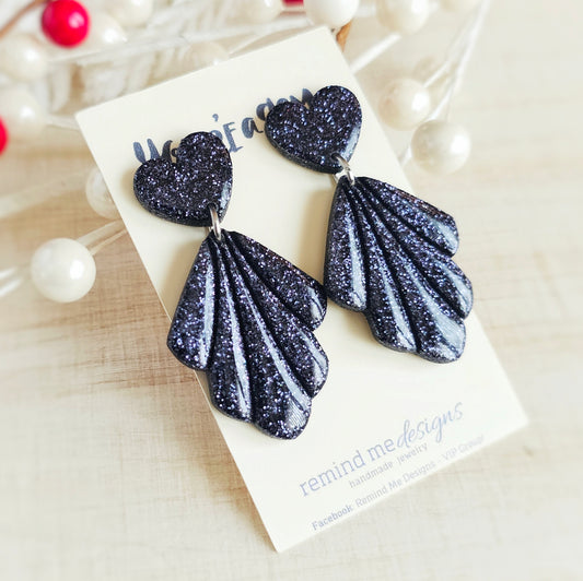 Dark Blue Glitter Hearts Valentine's Clay Dangle Earrings
