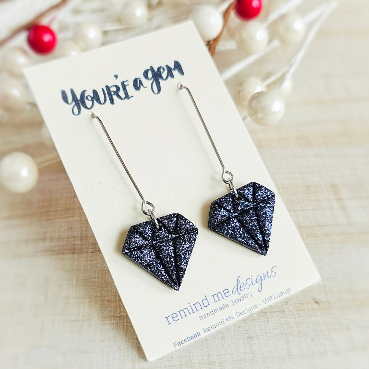 Dark Blue Glitter Diamonds Valentine's Clay Dangle Earrings