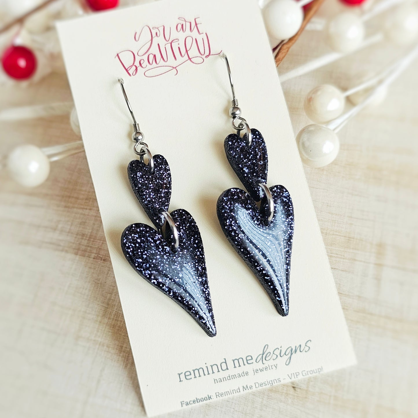 Dark Blue Glitter Hearts Valentine's Clay Dangle Earrings
