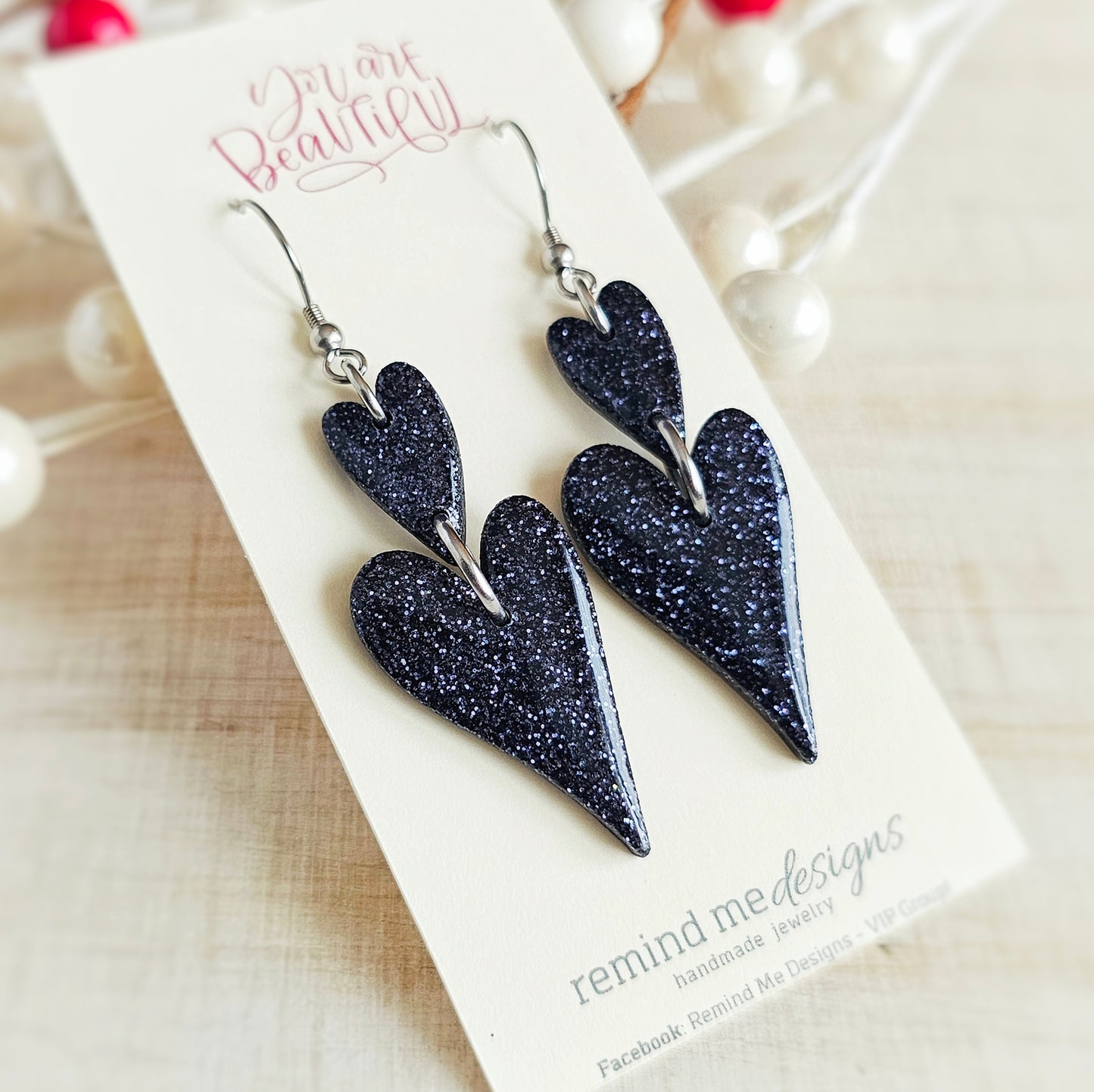Dark Blue Glitter Hearts Valentine's Clay Dangle Earrings