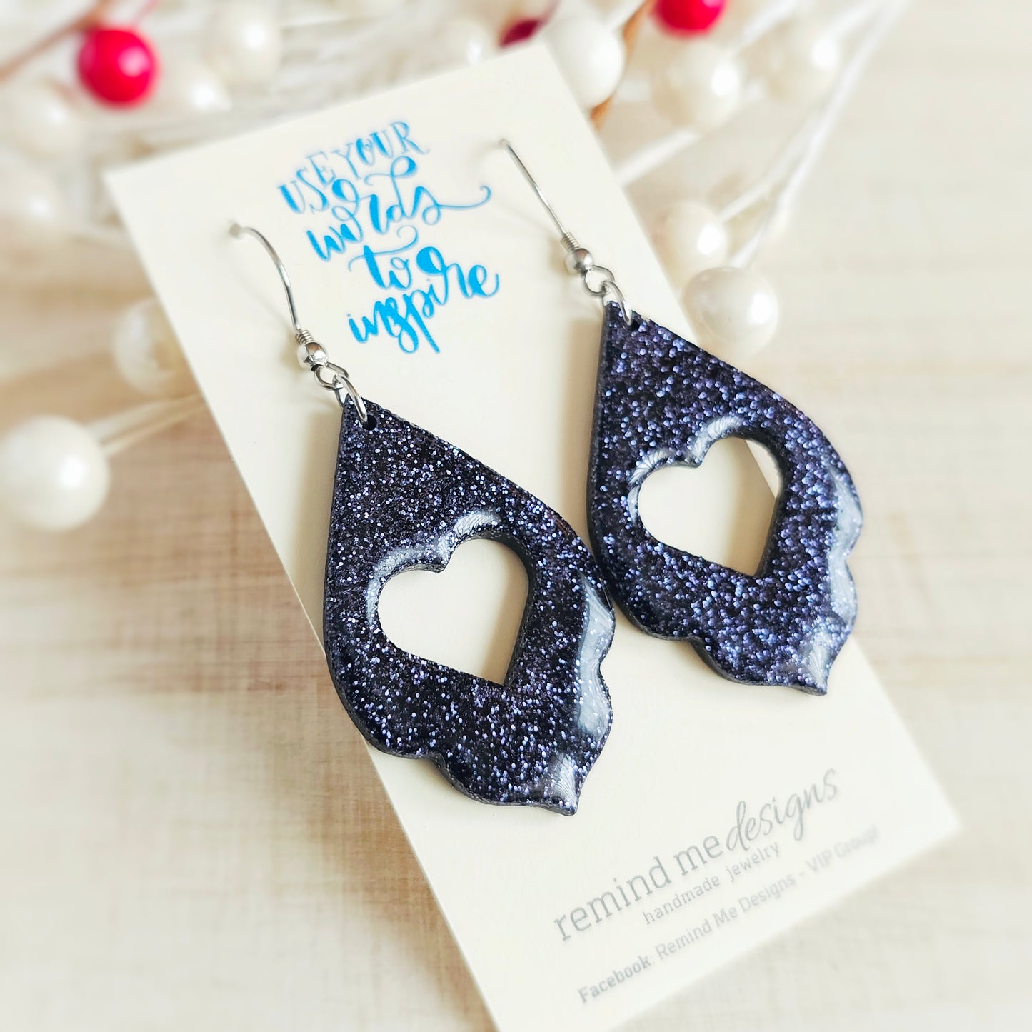 Dark Blue Glitter Heart Valentine's Clay Dangle Earrings