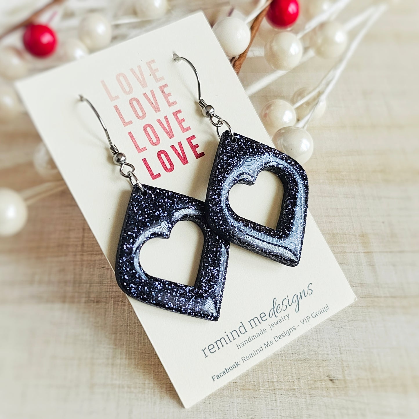 Dark Blue Glitter Heart Valentine's Clay Dangle Earrings