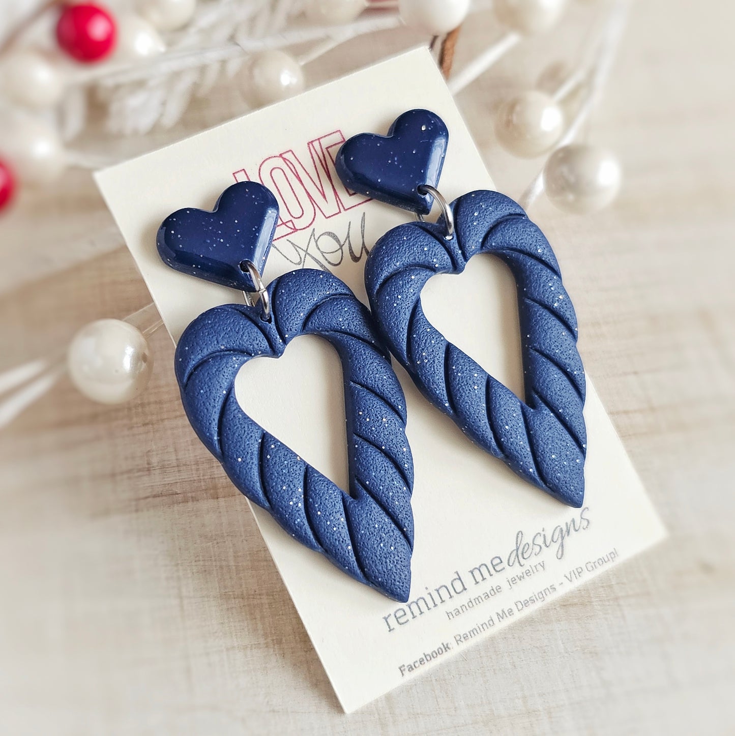 Dark Blue Heart Valentine's Clay Dangle Earrings