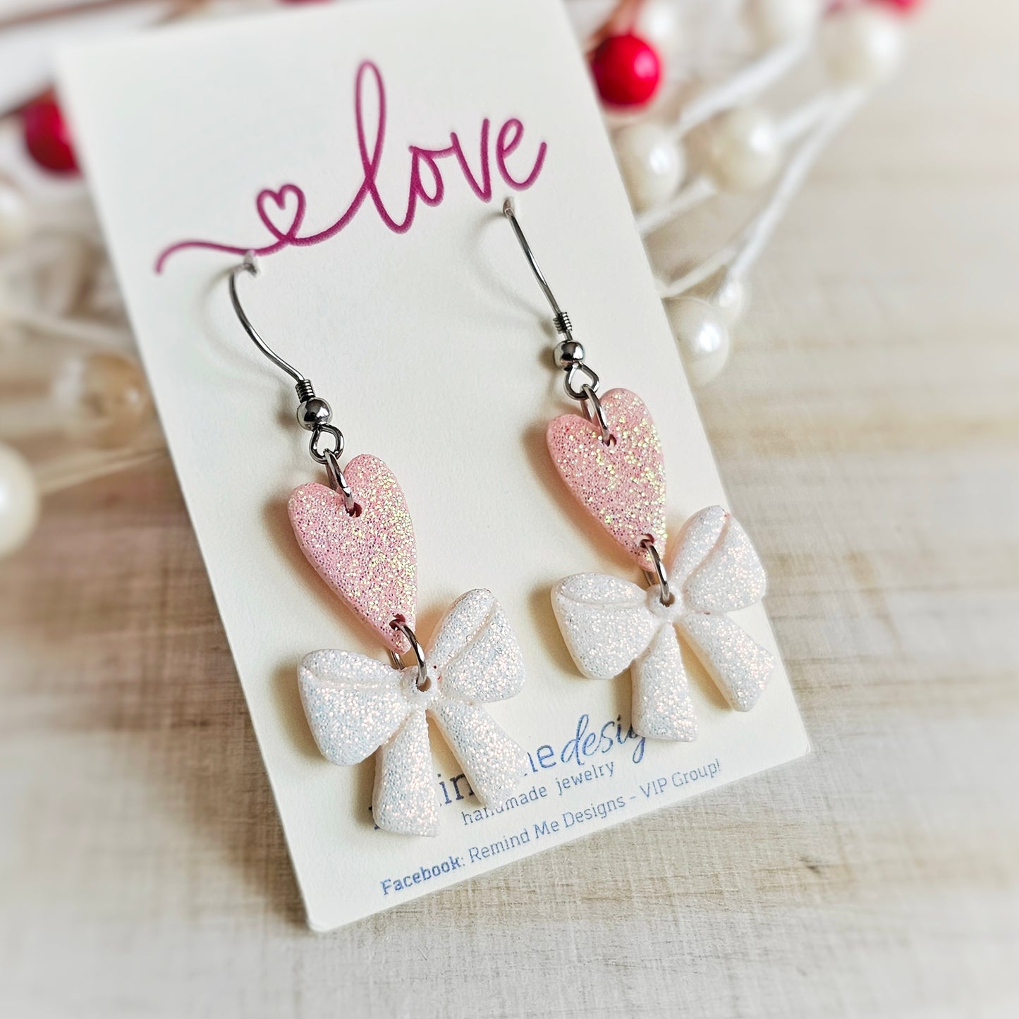 White and Pink Glitter Heart and Bows | Valentine's Clay Dangle Earrings