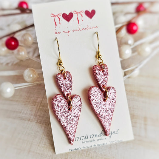Pink Glitter Hearts | Valentine's Clay Dangle Earrings