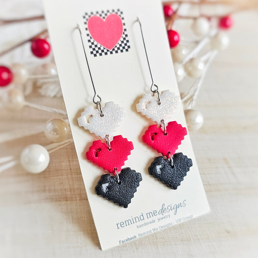 White, Red and Black Pixeled Hearts Valentine's Clay Dangles