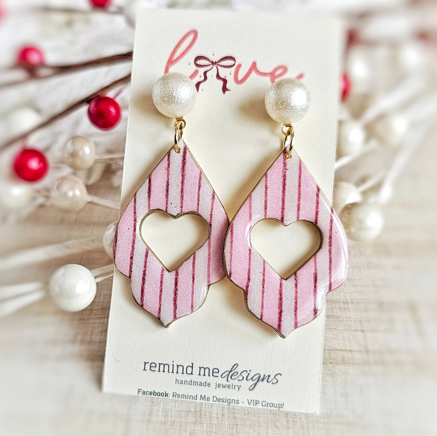 Pink and White Stripe Valentine's Clay Dangle Earrings