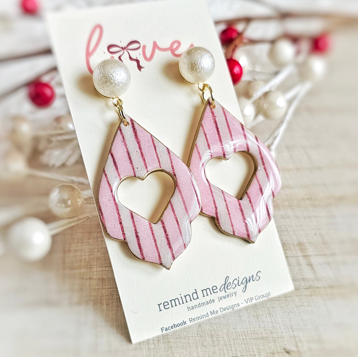 Pink and White Stripe Valentine's Clay Dangle Earrings