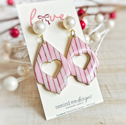 Pink and White Stripe Valentine's Clay Dangle Earrings