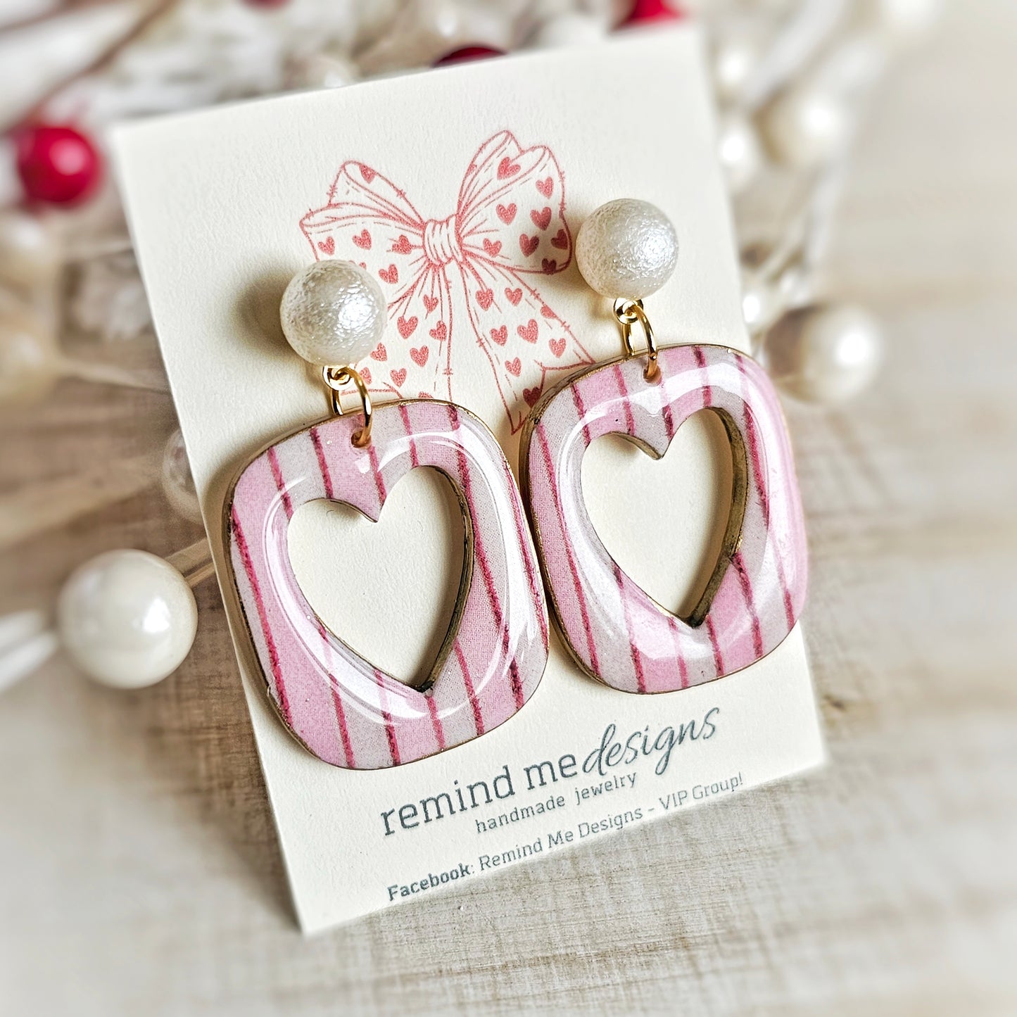 Pink and White Stripe Valentine's Clay Dangle Earrings