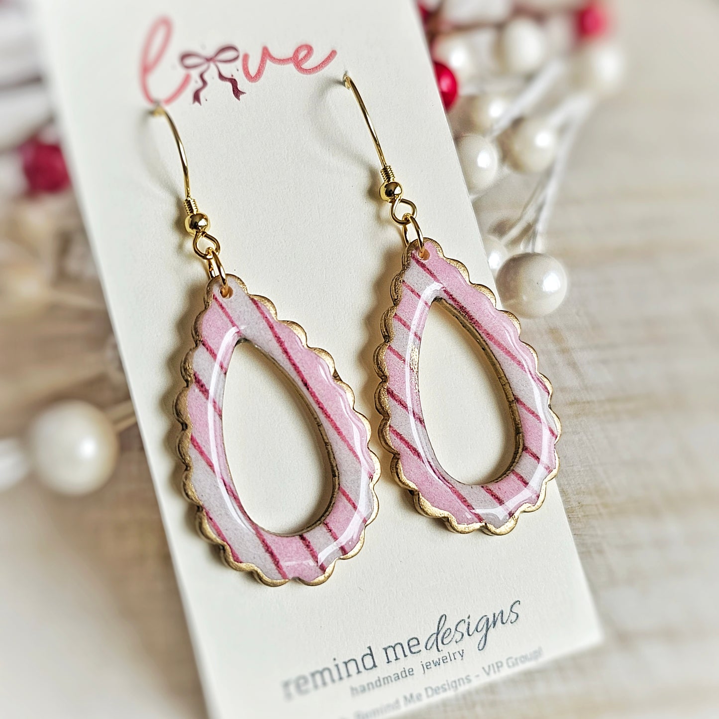 Pink and White Stripe Valentine's Clay Dangle Earrings