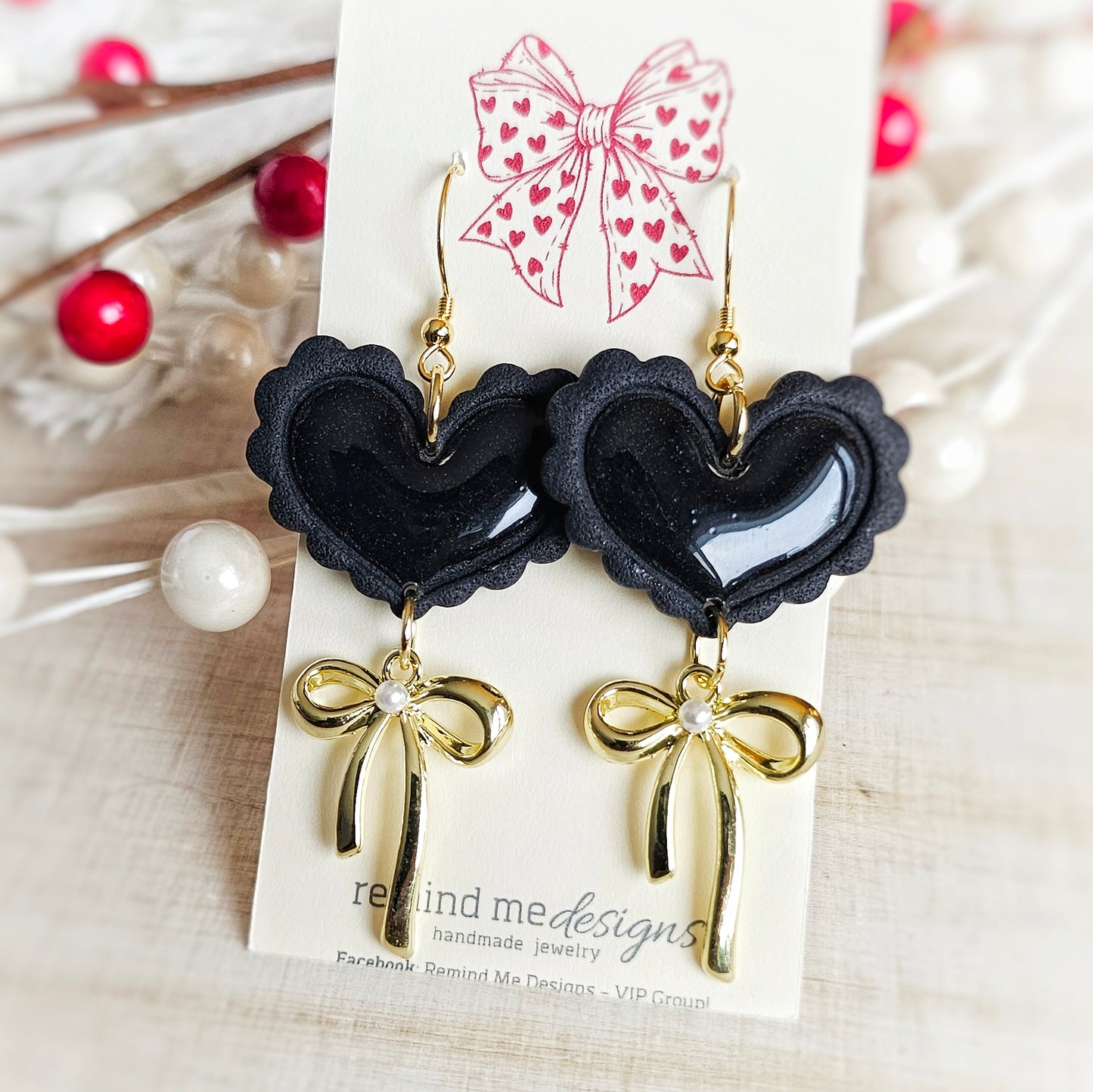 Black Heart and Bow Valentine's Clay Dangle Earrings