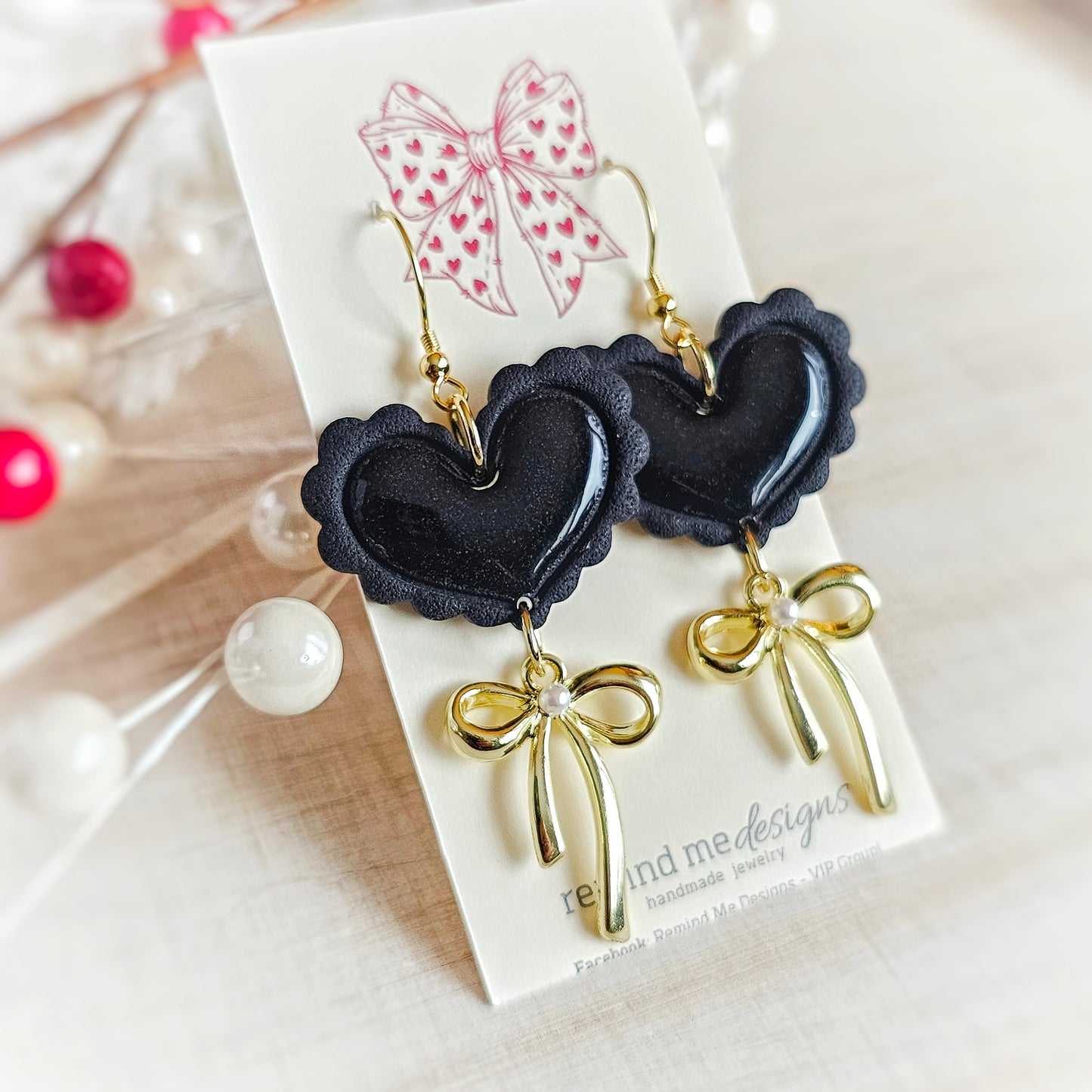 Black Heart and Bow Valentine's Clay Dangle Earrings