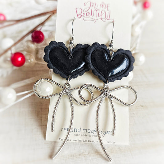Black Heart and Bow Valentine's Clay Dangle Earrings