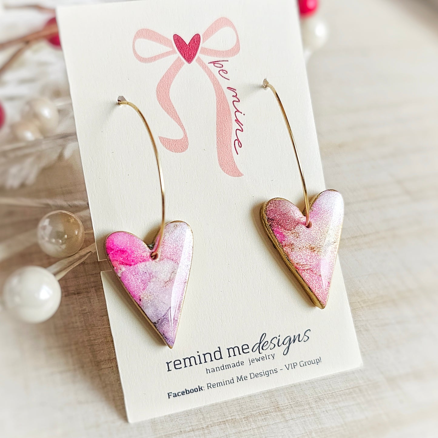Marbled Pink Pearl Heart Valentine's Clay Dangle Hoops