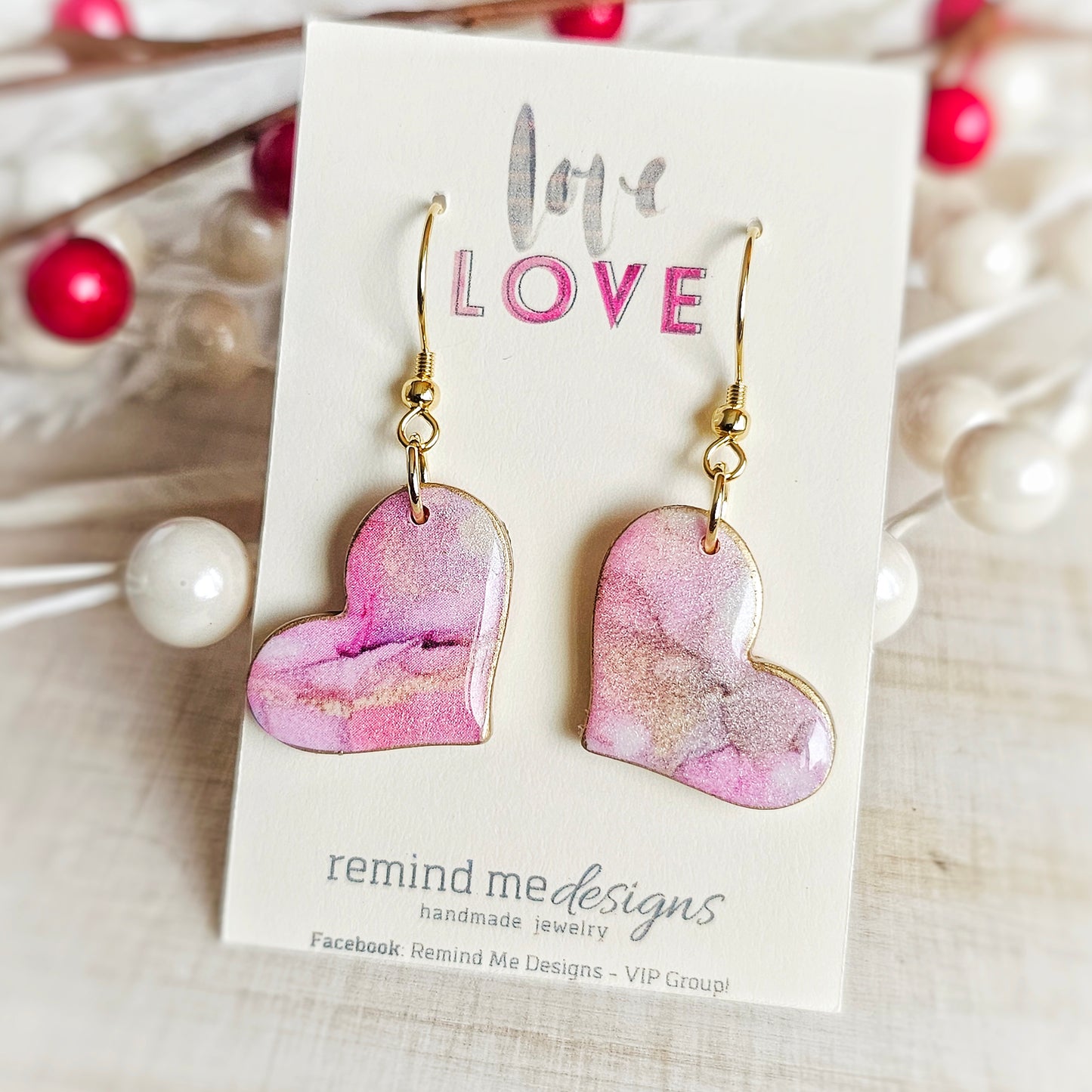 Marbled Pink Pearl Heart Valentine's Clay Dangle Earrings