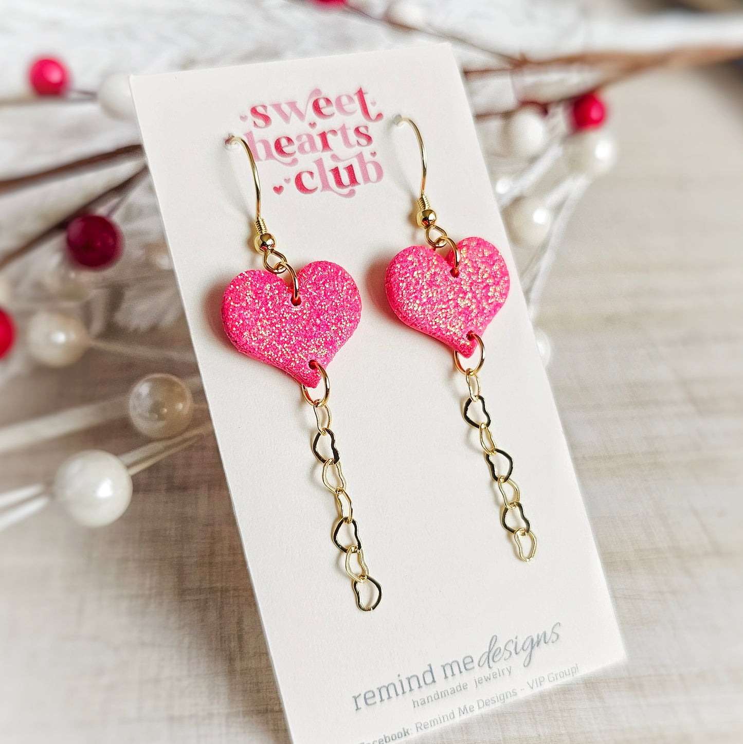 Glitter Pink Heart Balloon Valentine's Clay Dangle Earrings