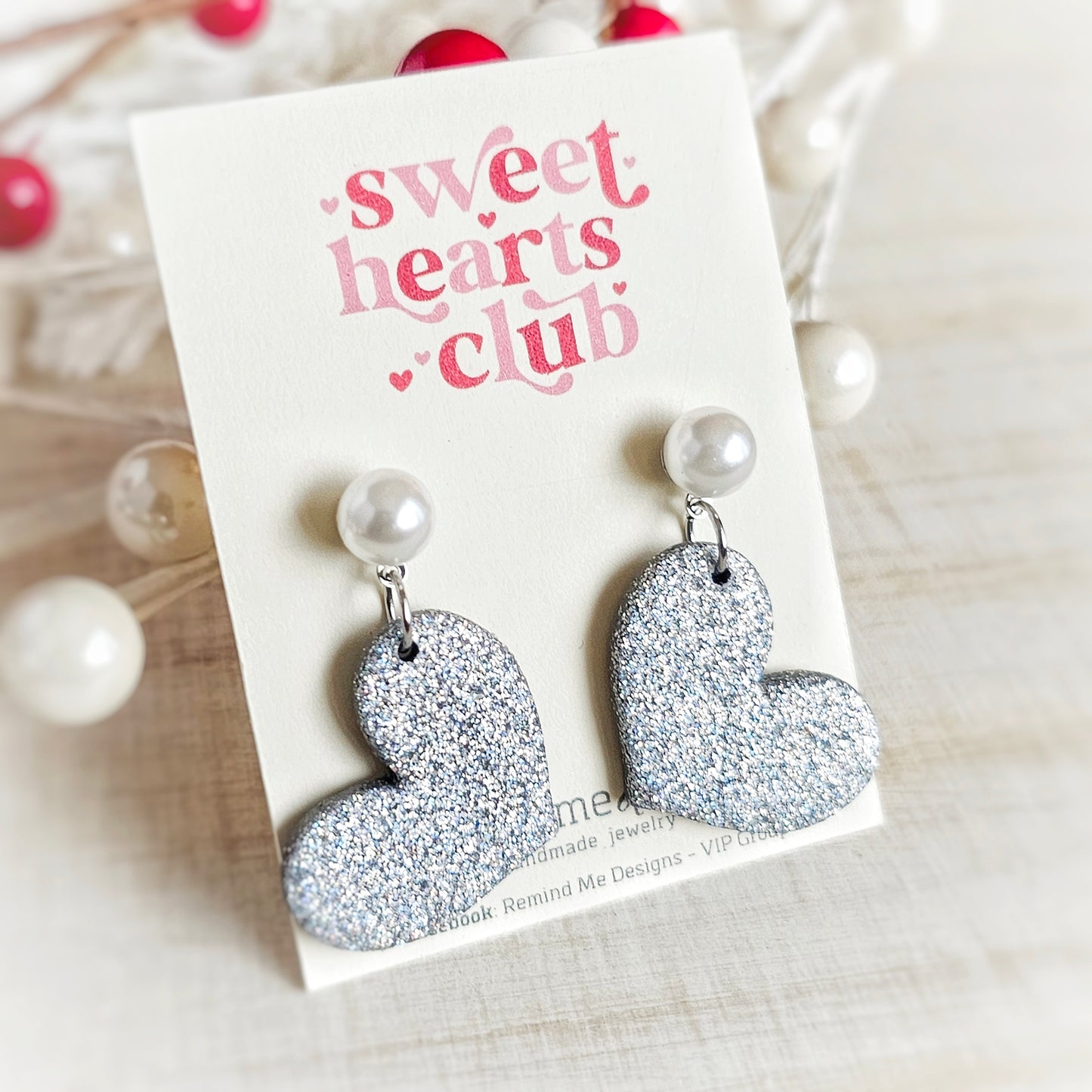 Silver Glitter Hearts Valentine's Clay Dangle Earrings
