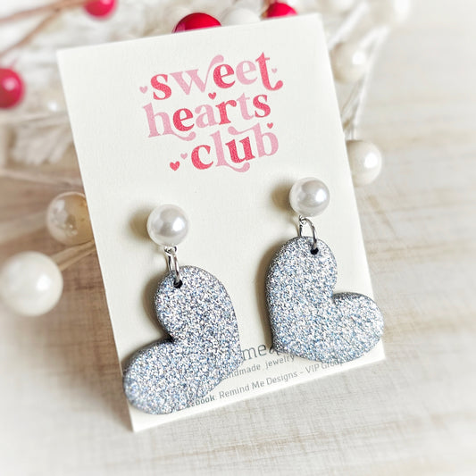 Silver Glitter Hearts Valentine's Clay Dangle Earrings